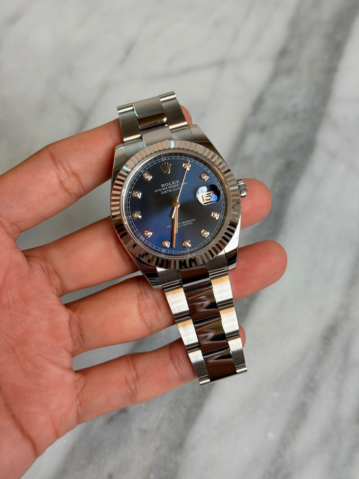 2022 126334G Oyster Blue Diamond Preowned and Polished Complete w/ White Tag