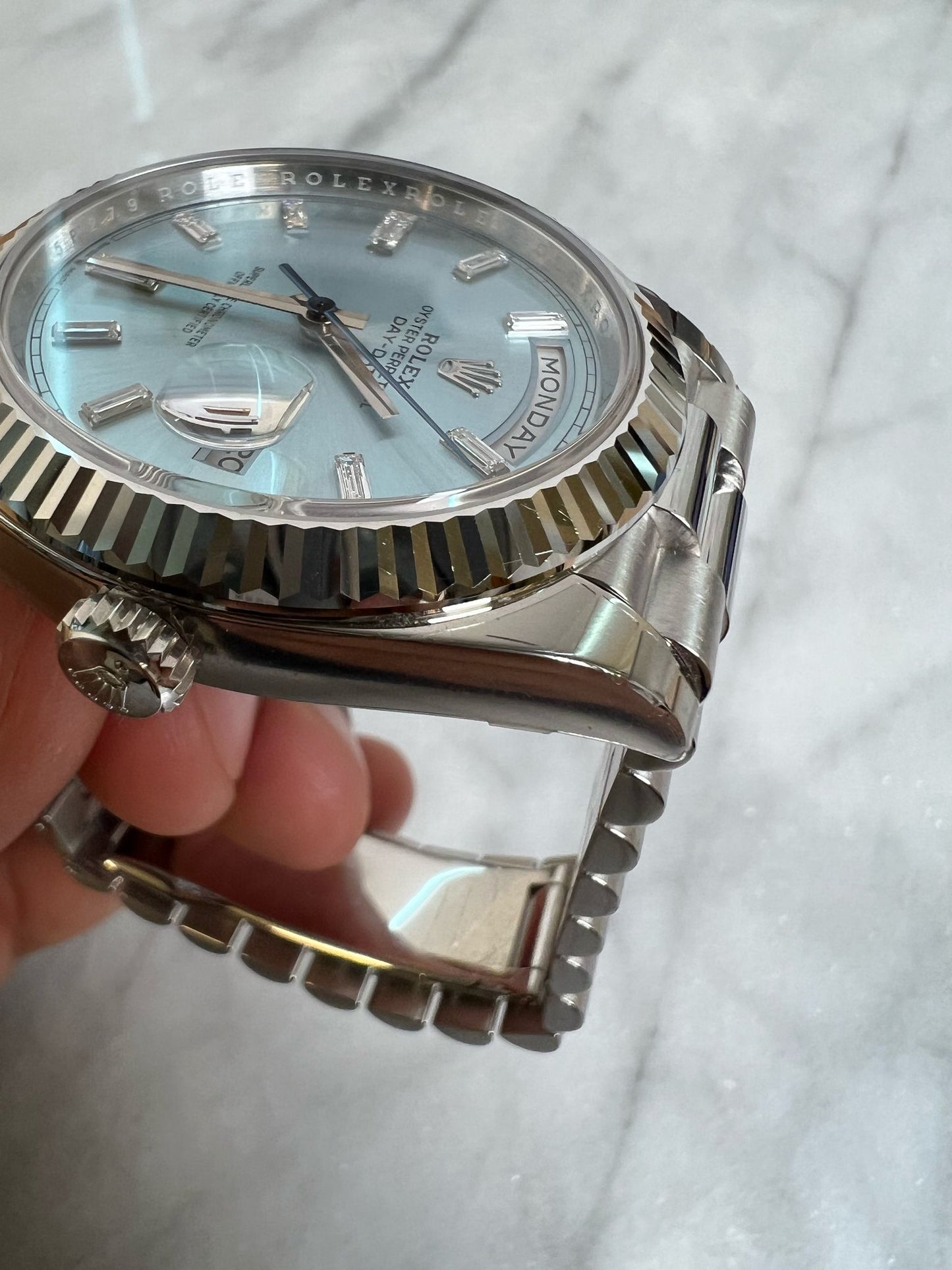Rolex 2024 228236a New, Stickered Ice Blue Baguettes Complete w/WT
