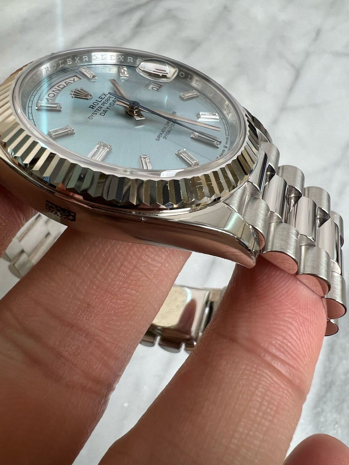 Rolex 2024 228236a New, Stickered Ice Blue Baguettes Complete w/WT