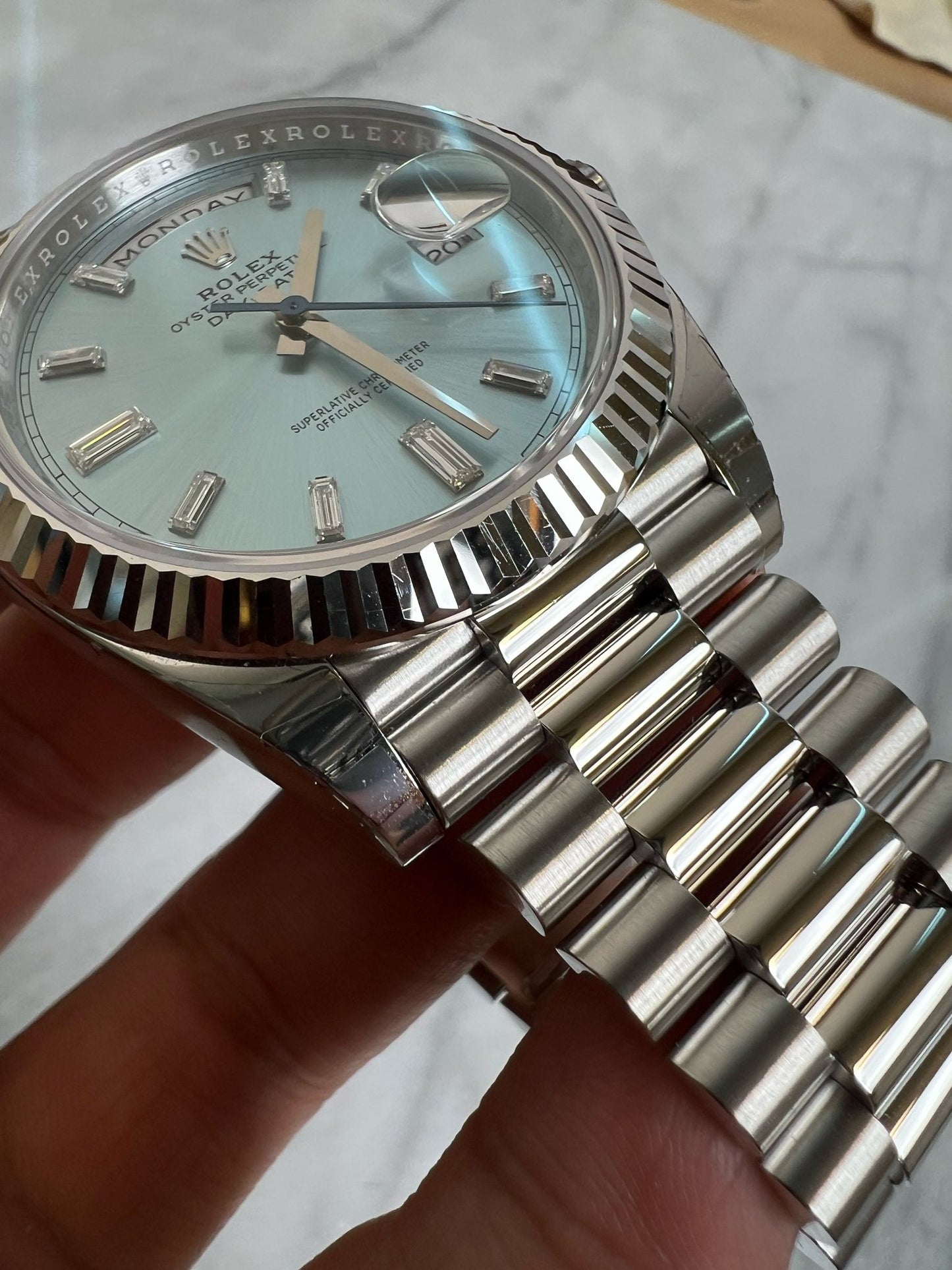 Rolex 2024 228236a New, Stickered Ice Blue Baguettes Complete w/WT