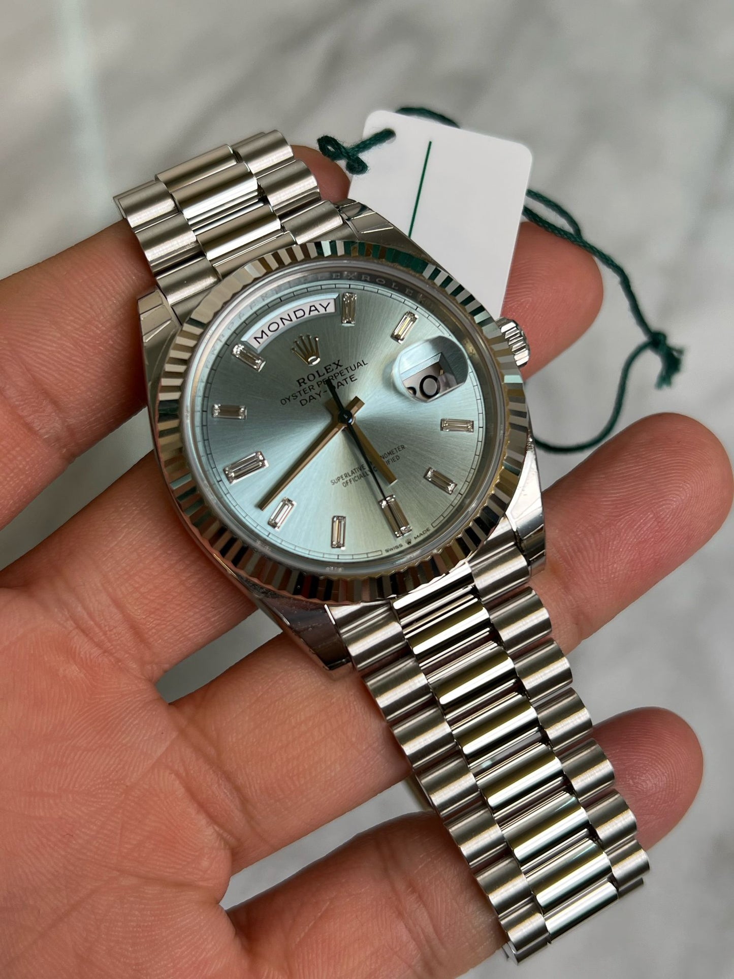 Rolex 2024 228236a New, Stickered Ice Blue Baguettes Complete w/WT