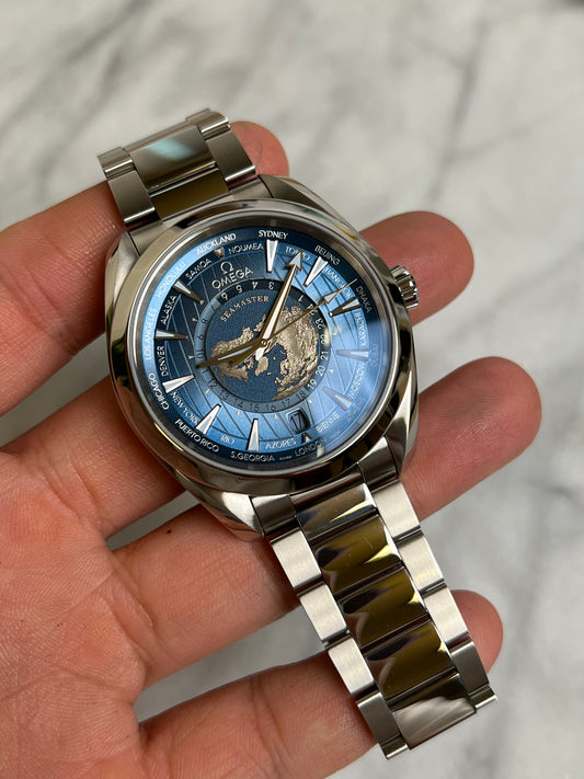 2025 22010432203002 Seamaster Aqua Terra Worldtimer Blue Dial 43mm Stainless Steel Bracelet New Complete