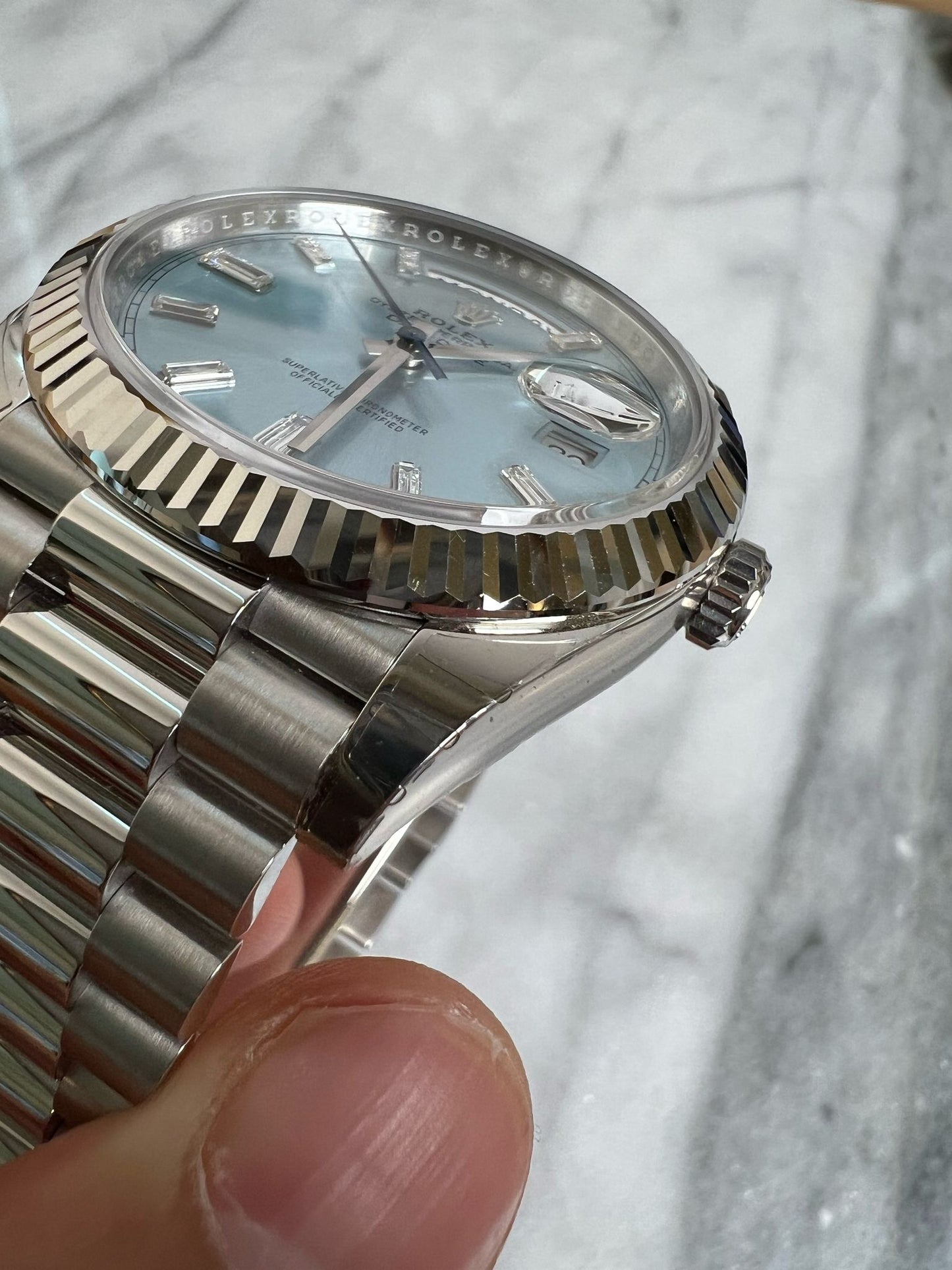 Rolex 2024 228236a New, Stickered Ice Blue Baguettes Complete w/WT
