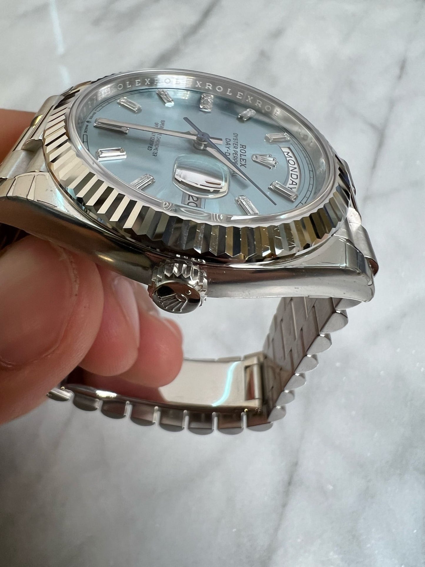 Rolex 2024 228236a New, Stickered Ice Blue Baguettes Complete w/WT