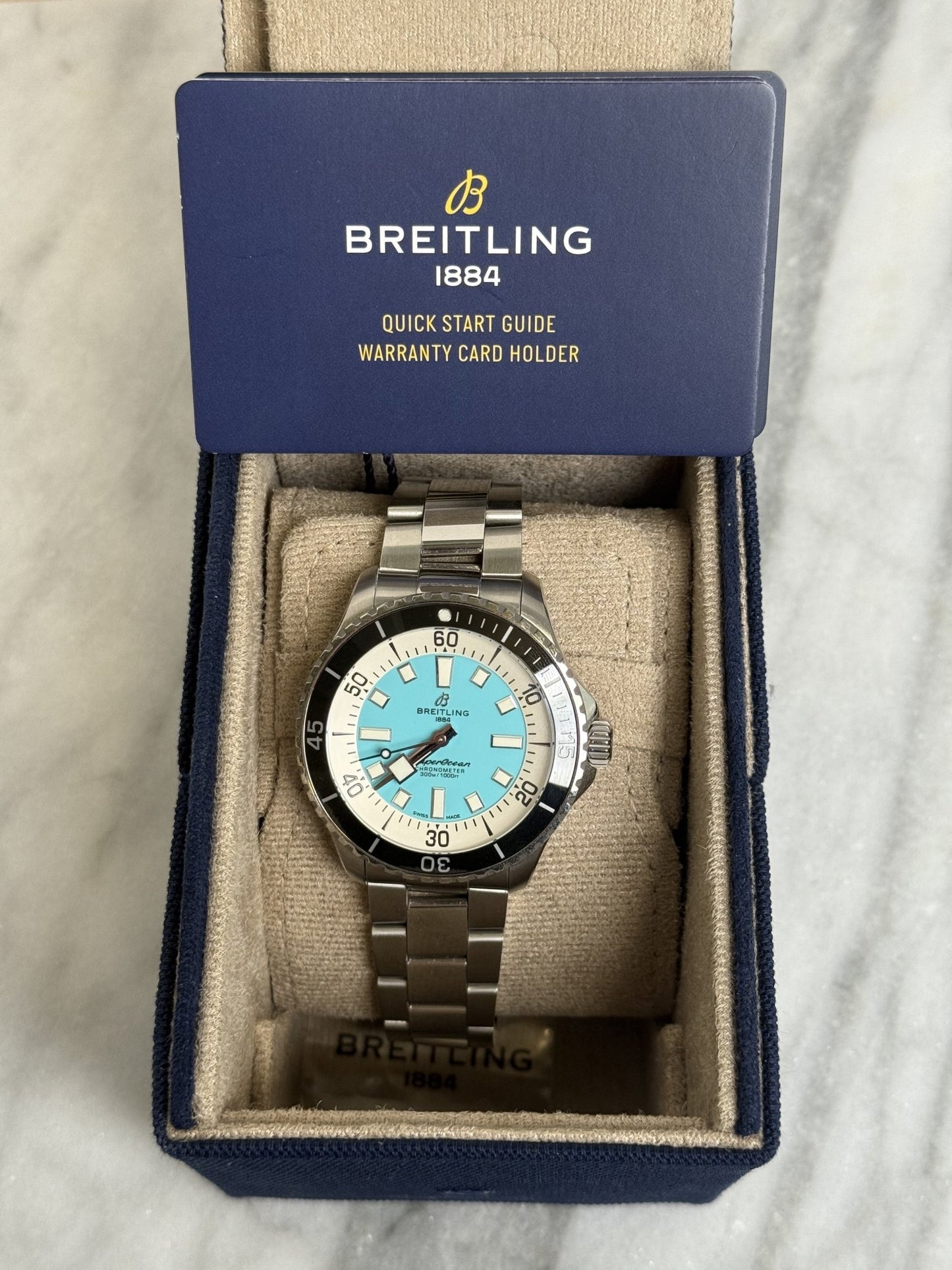 Breitling 2022 A17376211L2A Super Ocean Turquiose 44mm Preowned Complete 9548