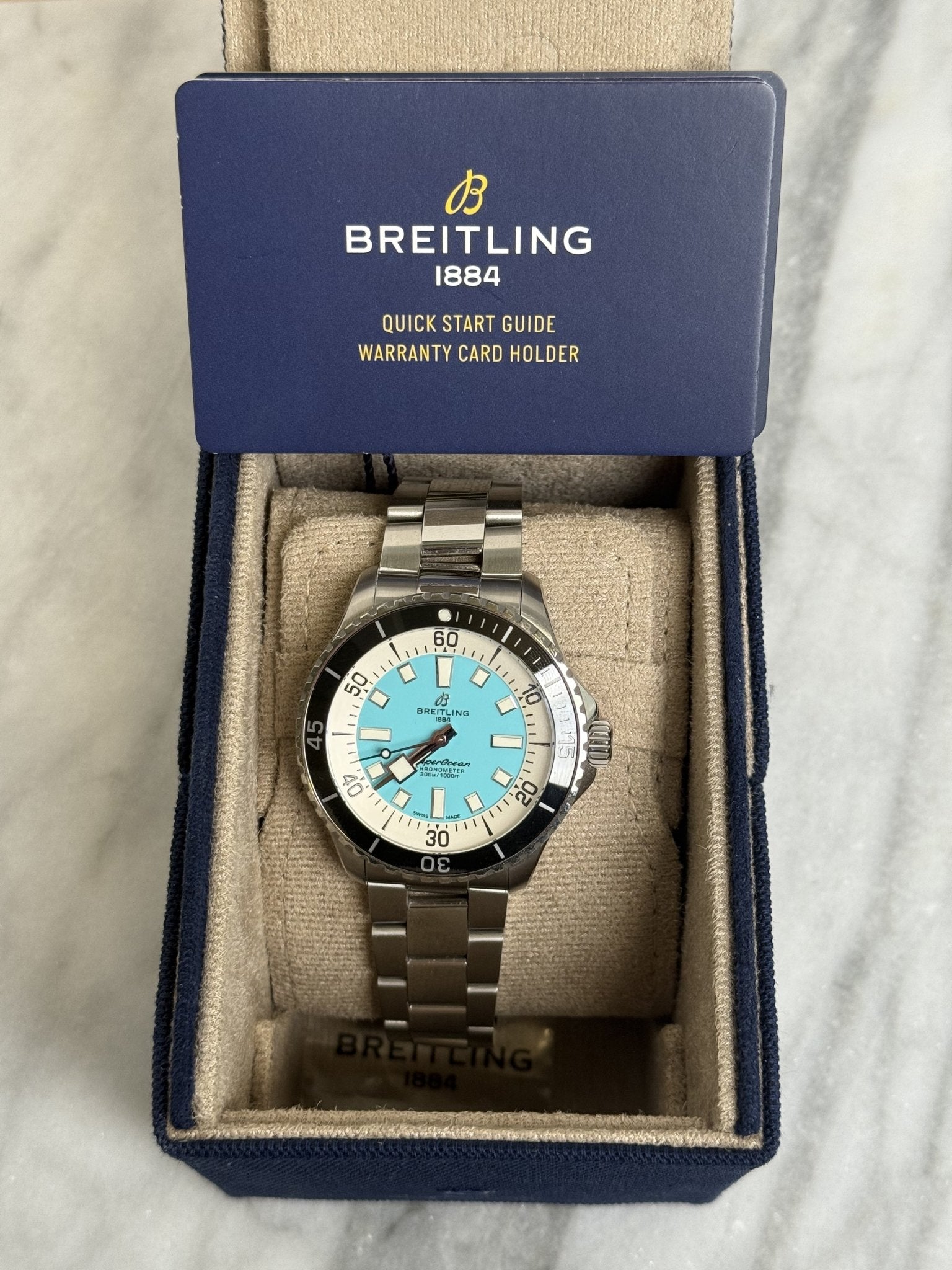 Breitling 2022 A17376211L2A Super Ocean Turquiose 44mm Preowned Complete 9548