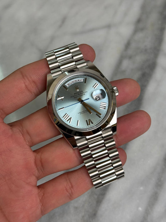 Rolex 2022 228206 Ice Blue Roman Preowned Complete w/ White Tag 10199