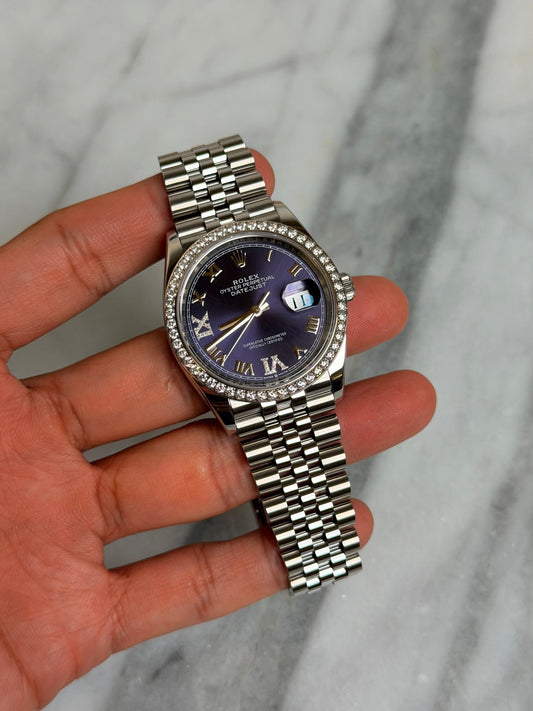 Rolex 2023 126284RBR Jubilee Purple Diamond VI/IX DJ36 Preowned Complete 14231