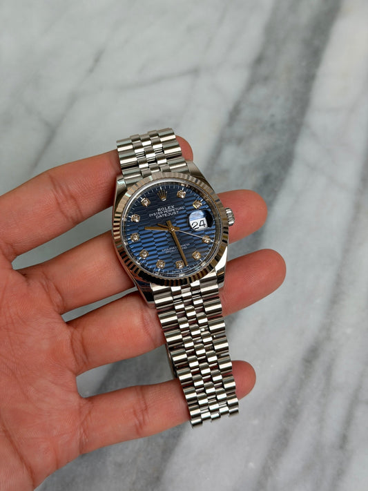 Rolex 2024 126234G Jubilee Blue Fluted Diamond DJ36 Preowned Complete 14882
