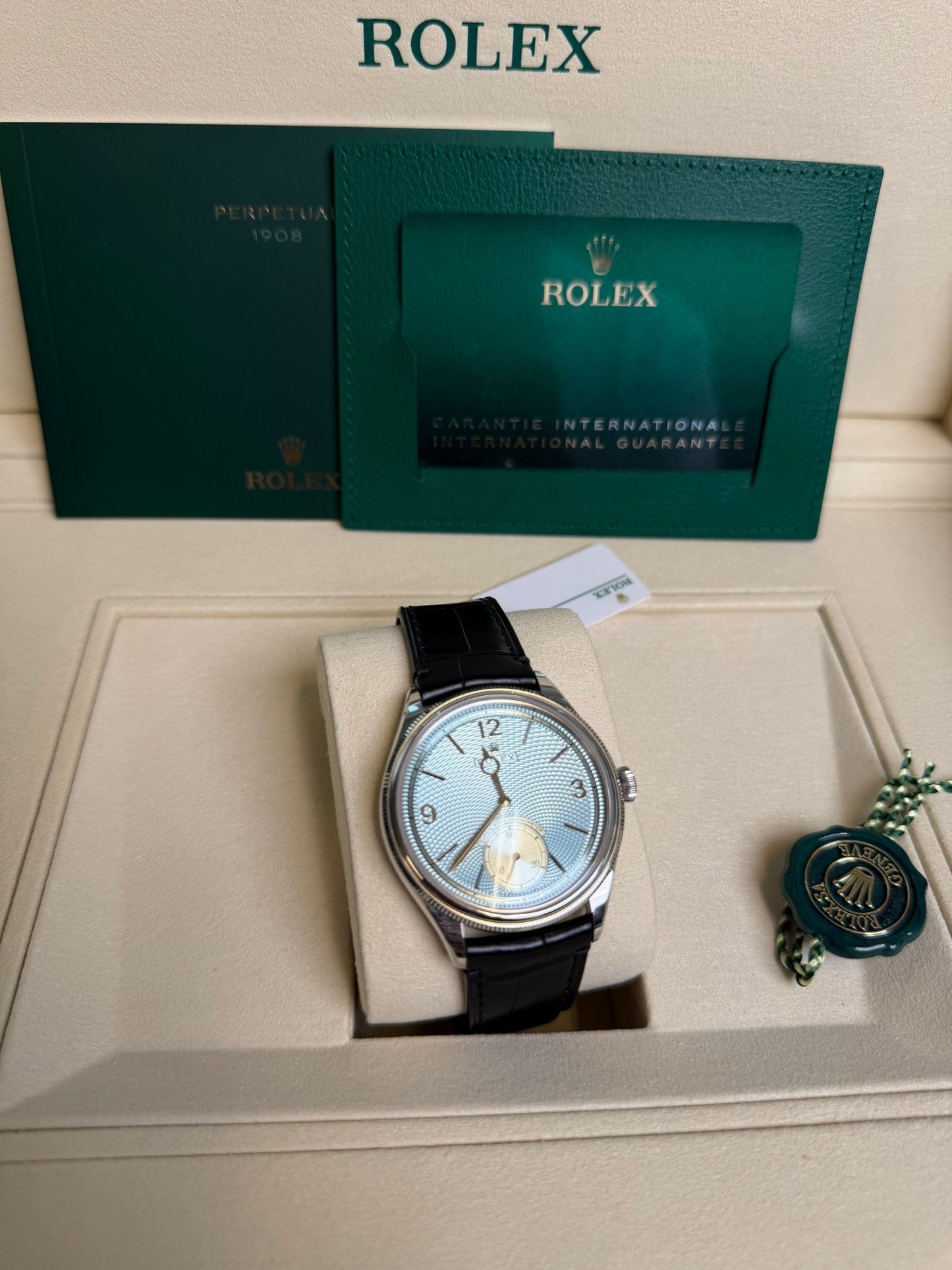 Rolex 2026 52506 Ice Blue 1908 on Black Strap New Complete w/ White Tag 14798